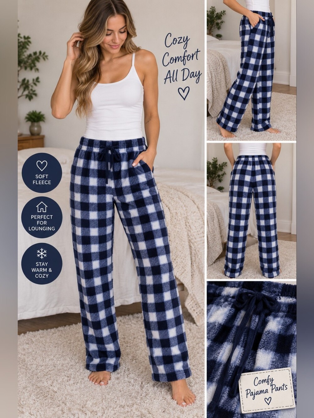 LJ women's size large blue plaid fuzzy pajama bottoms #27